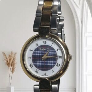 Vintage Butberrys Gold and Silver Two-Tone Watch with Blue Patterned Dial